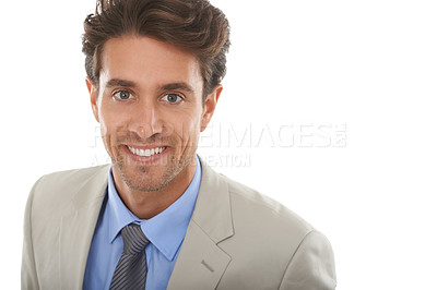 Buy stock photo Happy businessman, portrait and face on mockup in fashion or style on a white studio background. Young, handsome or attractive man or employee smile for career ambition, business or positive mindset