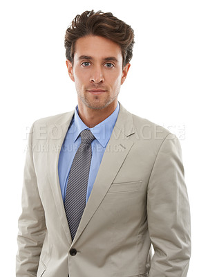 Buy stock photo Portrait, suit and serious with business man in studio isolated on white background for career. Corporate, company and mindset with young employee or model in formal clothes for professional job