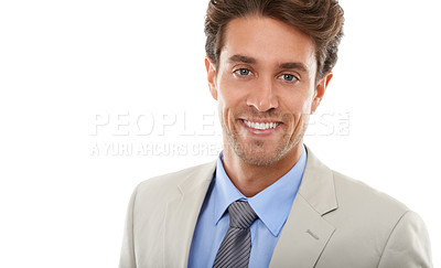 Buy stock photo Happy businessman, portrait and fashion on mockup space in style against a white studio background. Face of young, handsome or attractive man or employee smile for career ambition or positive mindset