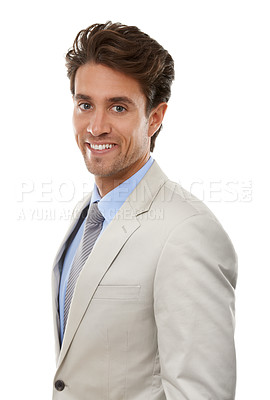 Buy stock photo Professional man in studio, smile in portrait and entrepreneur with corporate career. Happy, confident and expert isolated on white background, young business owner or entrepreneurship with pride