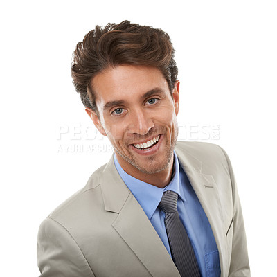 Buy stock photo Professional man in studio, face and happy entrepreneur in corporate portrait. isolated on white background. Smile, confidence and expert, young business owner or entrepreneurship with pride