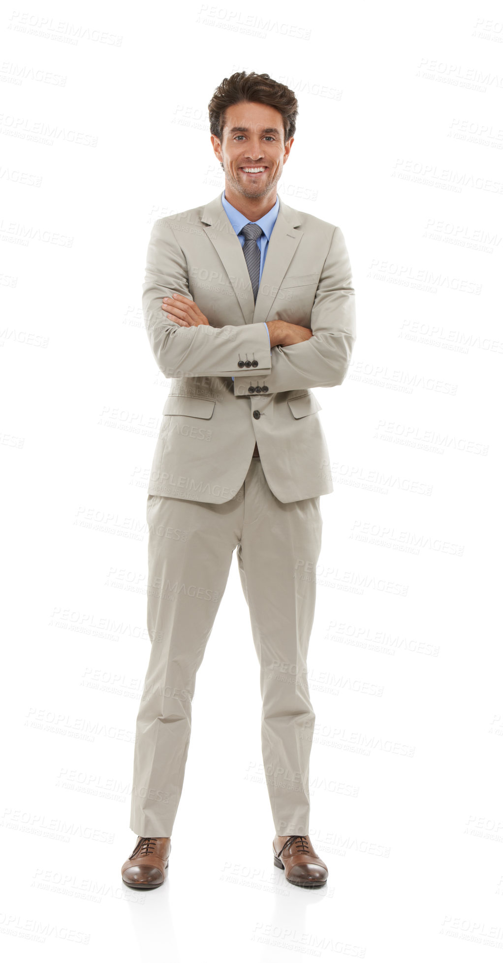 Buy stock photo Happy businessman, portrait and fashion of professional standing against a white studio background. Handsome and attractive young male person smile with arms crossed for business attire or clothing