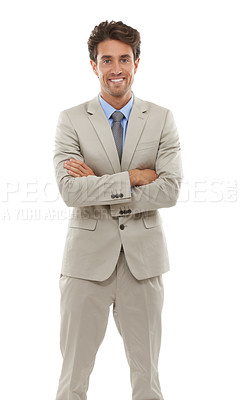 Buy stock photo Portrait, smile and business man arms crossed in studio isolated on white background for professional career. Corporate, model and mindset with happy young employee in formal clothes for work or job