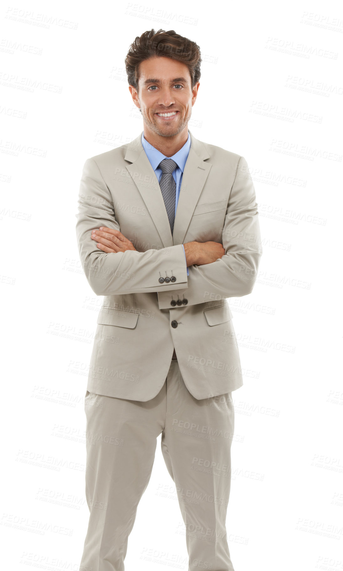 Buy stock photo Portrait, smile and business man arms crossed in studio isolated on white background for professional career. Corporate, model and mindset with happy young employee in formal clothes for work or job