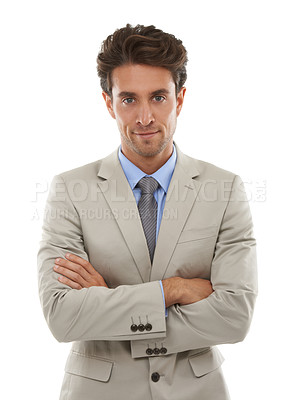 Buy stock photo Professional man in studio, face and arms crossed with entrepreneur in corporate portrait. Ambition, confidence and expert on white background, young business owner or entrepreneurship with pride