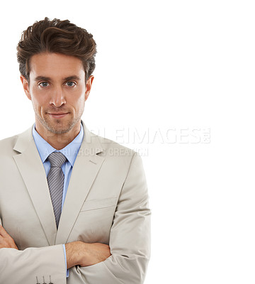 Buy stock photo Crossed arms, fashion and portrait of businessman in studio with elegant, fancy and stylish suit. Smile, confidence and handsome male person with luxury outfit for style isolated by white background.