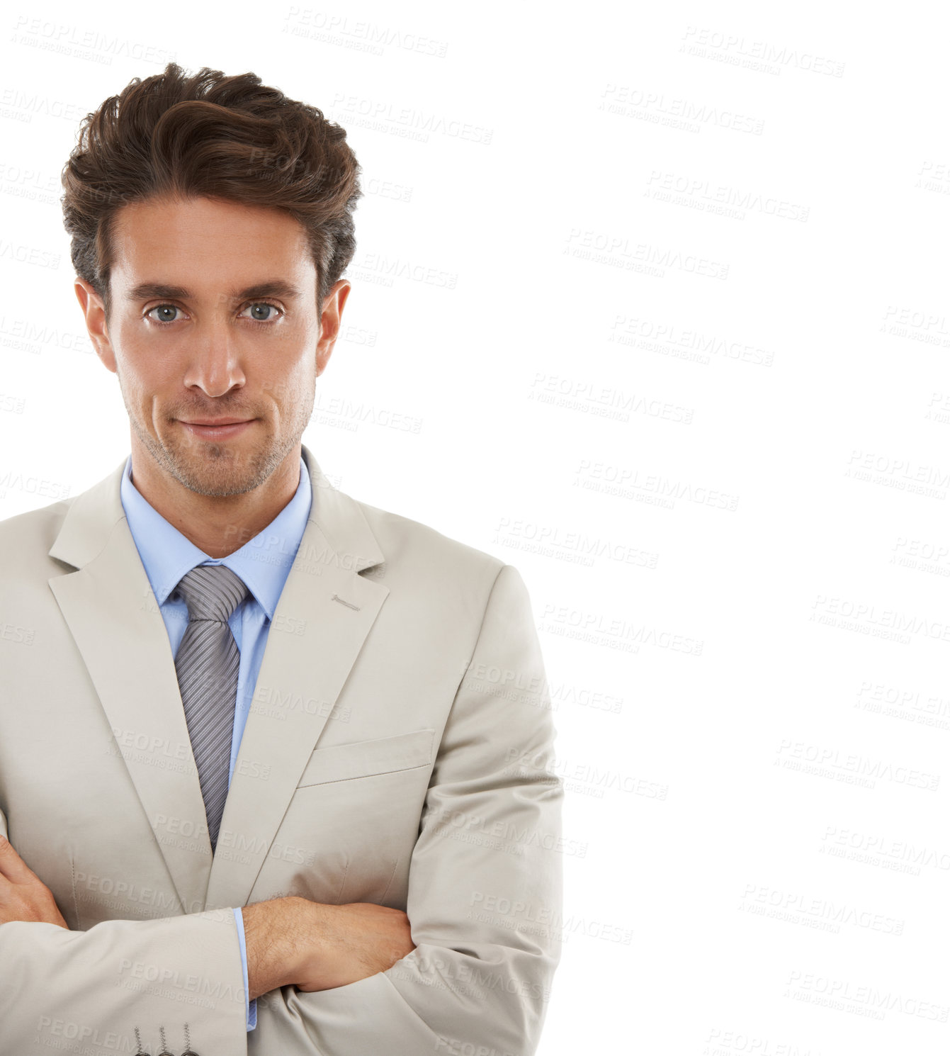 Buy stock photo Crossed arms, fashion and portrait of businessman in studio with elegant, fancy and stylish suit. Smile, confidence and handsome male person with luxury outfit for style isolated by white background.