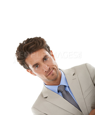 Buy stock photo Smirk, fashion and portrait of businessman in studio with elegant, fancy and stylish suit. Pride, confidence and handsome male person with luxury outfit for style isolated by white background.