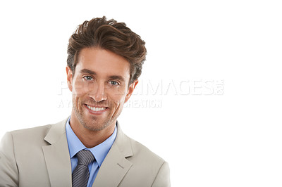 Buy stock photo Professional man in studio, smile on face and mockup space with entrepreneur in corporate portrait. Happy, confident expert on white background and young business owner or entrepreneurship with pride