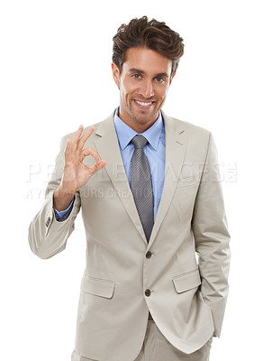 Buy stock photo Business man, portrait and ok hands in studio for vote, review and like feedback on white background. Happy worker show okay for success, agreement and thank you for support, yes emoji and excellence