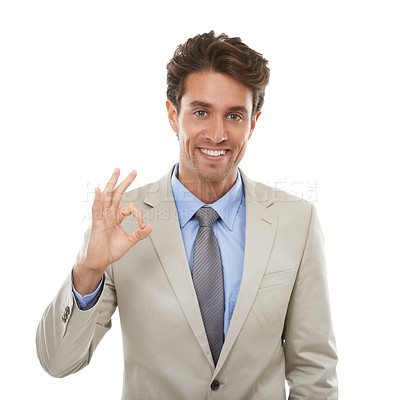 Buy stock photo Business man, portrait and ok in studio for vote, review sign and like feedback on white background. Happy worker show okay for success, agreement and thank you for support, yes emoji and excellence