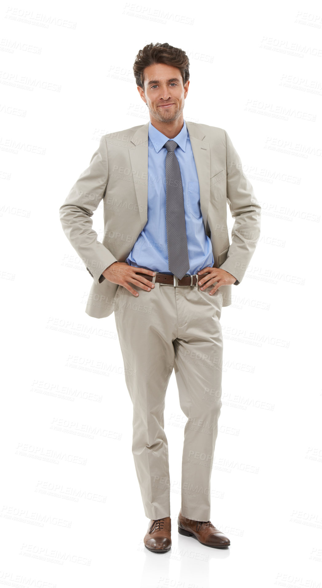 Buy stock photo Smile, fashion and portrait of businessman in studio with elegant, fancy and stylish suit. Happy, confidence and full body of male person with luxury outfit for style isolated by white background.