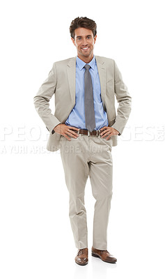 Buy stock photo Happy, style and portrait of businessman in studio with elegant, fancy and stylish suit. Smile, confidence and full body of male person with luxury outfit for fashion isolated by white background.