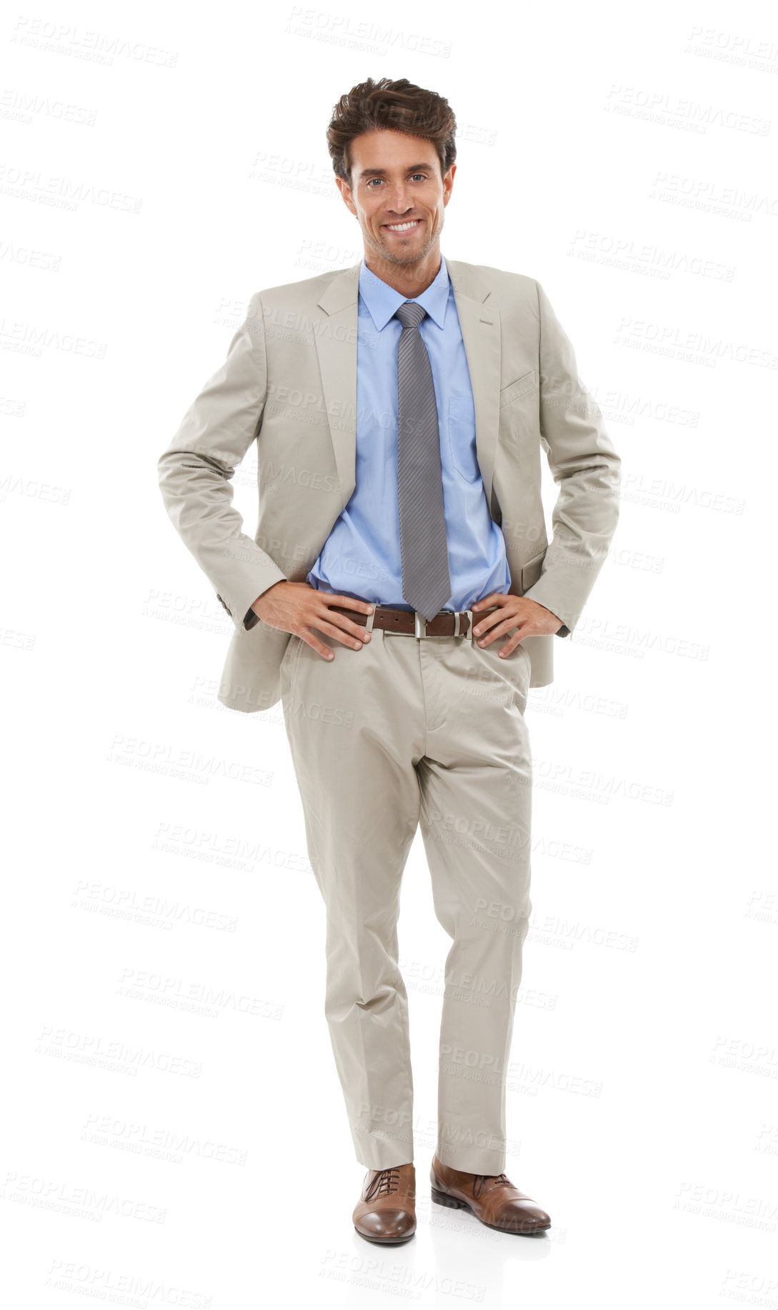 Buy stock photo Happy, style and portrait of businessman in studio with elegant, fancy and stylish suit. Smile, confidence and full body of male person with luxury outfit for fashion isolated by white background.