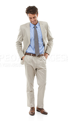Buy stock photo Confident, fashion and young businessman in studio with elegant, fancy and stylish suit. Smile, happy and full body of handsome male person with luxury outfit for style isolated by white background.