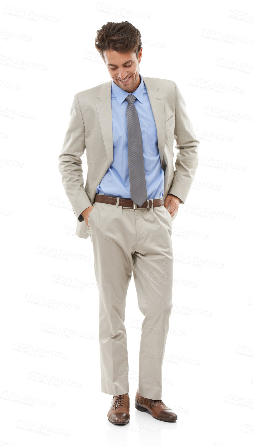 Buy stock photo Confident, fashion and young businessman in studio with elegant, fancy and stylish suit. Smile, happy and full body of handsome male person with luxury outfit for style isolated by white background.