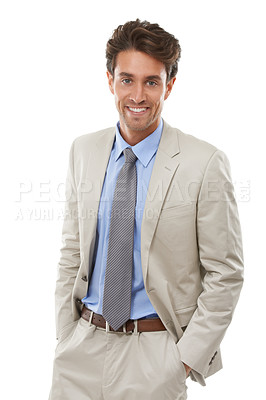 Buy stock photo Smile, fashion and portrait of businessman in studio with elegant, fancy and stylish suit. Happy, confidence and handsome male person with luxury outfit for style isolated by white background.