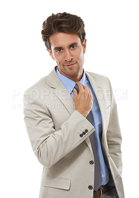 Buy stock photo Confident, fashion and portrait of businessman in studio with elegant, fancy and stylish suit. Smile, happy and handsome young male person with luxury outfit for style isolated by white background.