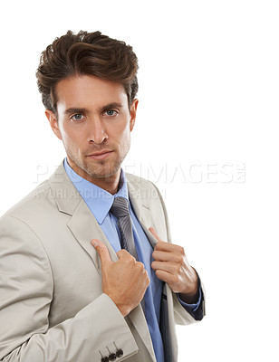 Buy stock photo Business man, suit and fashion for corporate career in studio with portrait, ambition and pride. Confident consultant, professional style and jacket, work apparel with power on white background