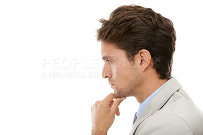 Buy stock photo Thinking, question and young businessman in a studio with brainstorming, idea or guess face. Decision, option and profile of professional male person with choice facial expression by white background