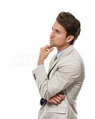 Buy stock photo Thinking, idea and young businessman in a studio with brainstorming, question or guess face. Decision, option and profile of professional male person with choice facial expression by white background