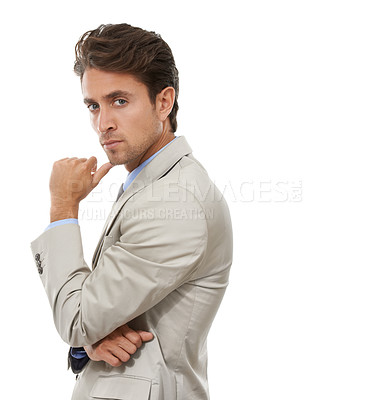 Buy stock photo Thinking, idea and portrait of businessman in studio with brainstorming, question or guess face. Decision, option and profile of professional person with choice facial expression by white background.