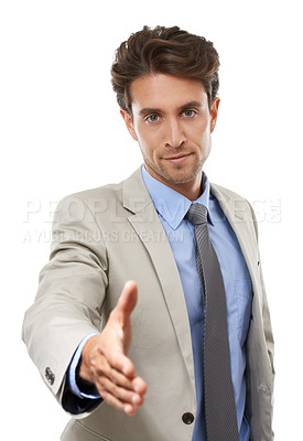 Buy stock photo Business man, portrait and offer handshake for welcome, b2b deal and HR introduction in studio on white background. Worker shaking hands for support, thank you and congratulations for job recruitment