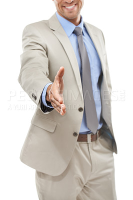 Buy stock photo Business man, closeup or offer handshake for welcome, b2b deal or HR introduction in studio on white background. Worker shaking hands for opportunity, recruitment or congratulations for job interview