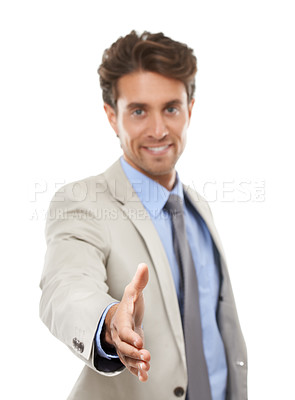 Buy stock photo Business man, portrait and offer to shake hands in studio for welcome, b2b deal and HR introduction on white background. Worker, handshake and thank you for support, recruitment and congratulations 