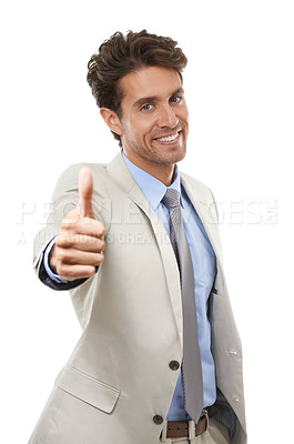 Buy stock photo Thumbs up, portrait and business man in studio for success, winning deal and achievement on white background. Happy employee, emoji sign and like for feedback, vote yes and thank you for excellence