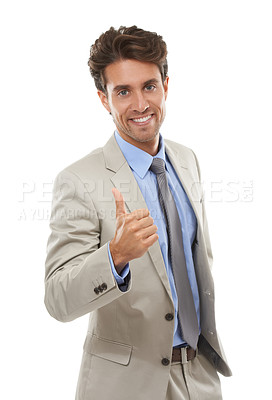 Buy stock photo Portrait, business man and thumbs up in studio for winning deal, success icon or achievement on white background. Happy employee, emoji sign or like for feedback, vote yes or thank you for excellence