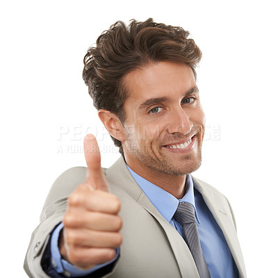 Buy stock photo Thumbs up, portrait and business man with smile in studio for winning deal, success icon and trust agreement on white background. Face of worker, emoji sign and feedback of winner, vote or excellence