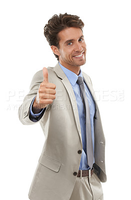 Buy stock photo Portrait, happy business man or thumbs up in studio for winning deal, great success or agreement icon on white background. Worker, emoji sign or like of feedback, vote yes or thank you for excellence