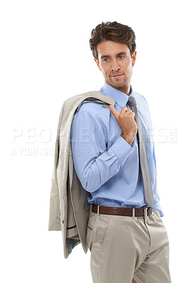 Buy stock photo Business man, jacket and fashion for corporate career in studio with smile, ambition and pride. Confident consultant, professional style and suit, pose in work apparel or clothes on white background