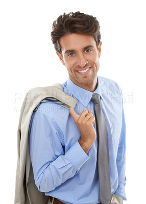 Buy stock photo Business man, smile and fashion for corporate career in studio with jacket, ambition and pride. Happy consultant, professional style and suit, work apparel with confidence on white background