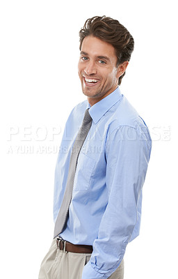 Buy stock photo Portrait, smile and funny business man in studio isolated on white background for professional work. Corporate, suit and comedy with young employee laughing at meme, joke or humor at job or work
