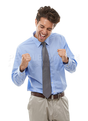 Buy stock photo Excited businessman, fist pump and celebration for winning or success against a white studio background. Happy man or employee smile in joy for achievement, bonus or business promotion on mockup