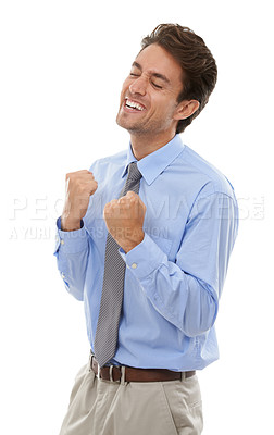 Buy stock photo Happy businessman, fist pump and celebration for winning or success against a white studio background. Excited man or employee smile in joy for achievement, bonus or business promotion on mockup