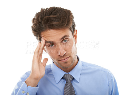 Buy stock photo Business man, headache and stress in portrait, massage temple and serious crisis at law firm on white background. Burnout, overworked and pain from migraine, lawyer fail in case or mistake in studio