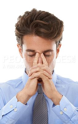 Buy stock photo Business man, headache and frustrated, annoyed and serious crisis at law firm with prayer isolated on white background. Burnout, overworked and praying, lawyer fail in case or mistake in a studio
