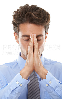 Buy stock photo Business man, hands for praying and frustrated, serious crisis at law firm with fear for disaster on white background. Burnout, overworked and prayer, lawyer fail in case or mistake in a studio