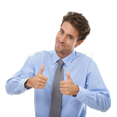 Buy stock photo Thumbs up, portrait and happy business man in studio for winning deal, success icon and like agreement on white background. Worker, emoji sign and feedback of winner, vote yes and thank you for trust
