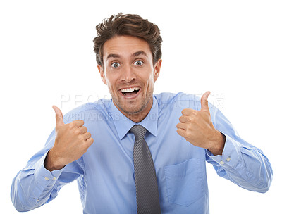 Buy stock photo Happy businessman, portrait and thumbs up for winning, good job or thank you against a white studio background. Face of excited male person smile with like emoji, yes sign or OK in business promotion