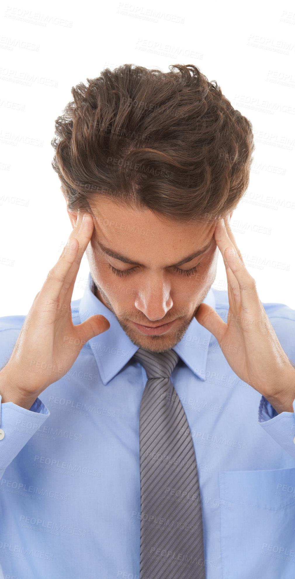 Buy stock photo Business man, headache and pain in studio for burnout, stress and risk of mistake, vertigo and disaster on white background. Face of frustrated worker with brain fog, crisis of challenge and failure