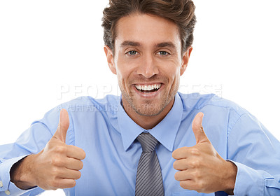 Buy stock photo Thumbs up, portrait and excited business man in studio for winning deal, support icon or like agreement on white background. Winner, emoji sign or feedback of review, vote yes and thank you for trust