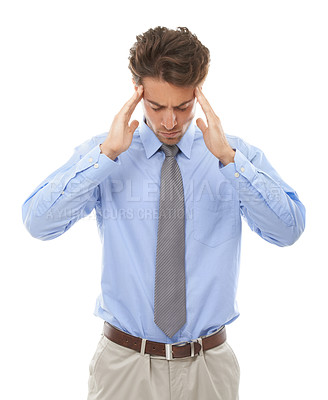 Buy stock photo Business man, headache and stress in studio for burnout, pain and doubt mistake, vertigo and disaster on white background. Frustrated worker with brain fog, crisis and challenge of debt, fail or risk