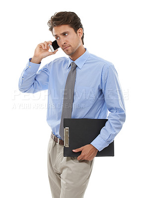 Buy stock photo Phone call, insurance and negotiation with business man in studio isolated on white background for consulting. Contact, contract and concern with young agent talking on mobile for feedback advice