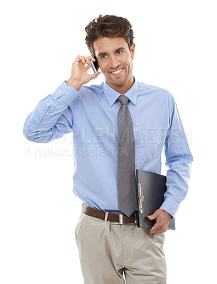 Buy stock photo Happy businessman, phone call and discussion for communication or proposal on a white studio background. Man or employee smile and talking on mobile smartphone for business conversation on mockup