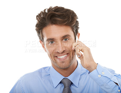 Buy stock photo Happy businessman, portrait and phone call for discussion, communication or proposal on a white studio background. Face of man employee smile on mobile smartphone for business conversation on mockup