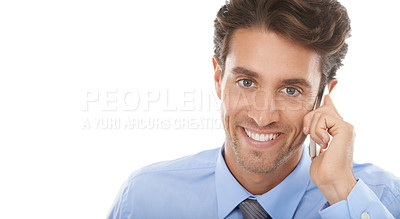 Buy stock photo Happy businessman, portrait and phone call on banner for conversation or communication on a white studio background. Face of man employee smile on mobile smartphone for business discussion on mockup